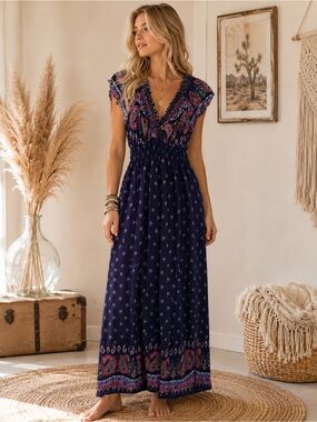 Lapogee Boho Chic Navy Paisley-Trim V-Neck Maxi Dress